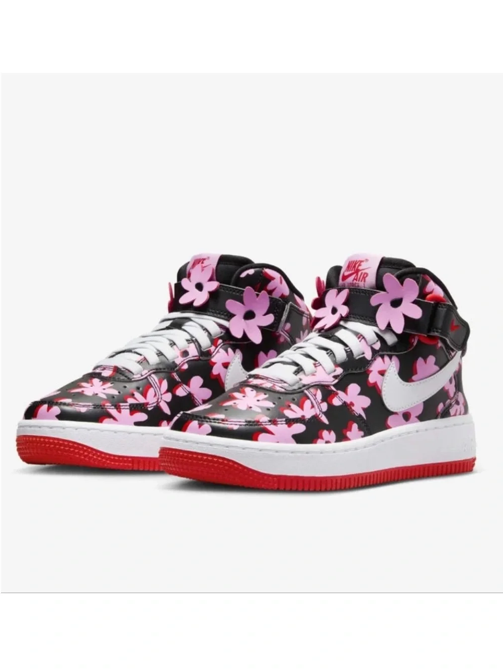 Nike | Girl’s Black/Pink Floral ‘Flower Power’ Air Force 1 Mid Top Sneakers 2Y - Picture 2 of 16